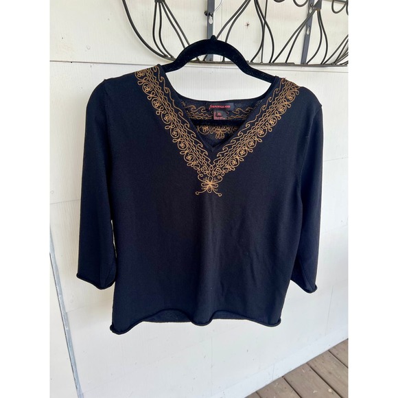 Francesca Rose V-Neck 3/4 Sleeve Blouse, Black w/ Gold Flower Embroidery, L / XL - Picture 2 of 10